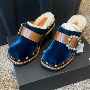 Coach Blue Velvet and Tan Leather Clog Slide Peacock 5
